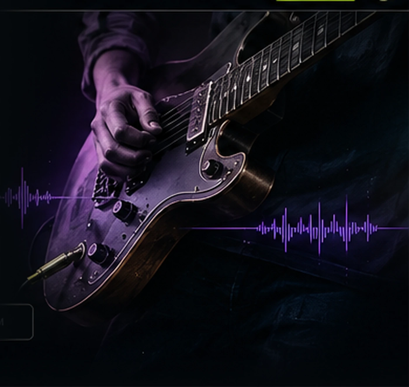 Electric guitarist playing a dark guitar in violet lighting
