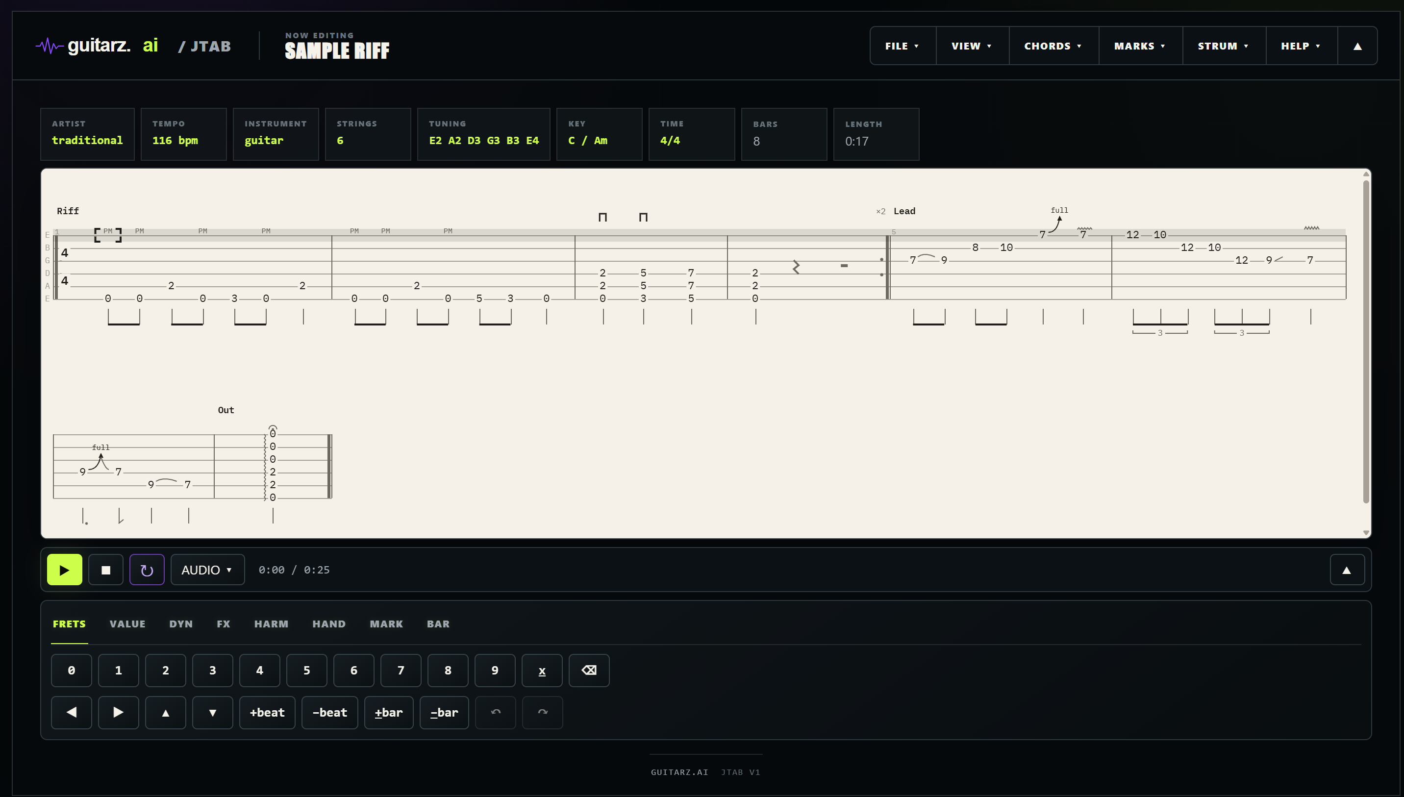 The jtab.ai JTab Studio editing the sample riff with rendered fret numbers, playback controls, and composition tools